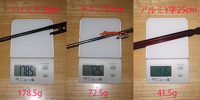 鍛造ベグ 178.5g、チタンペグ 72.5g 、Y字ペグ 41.5g